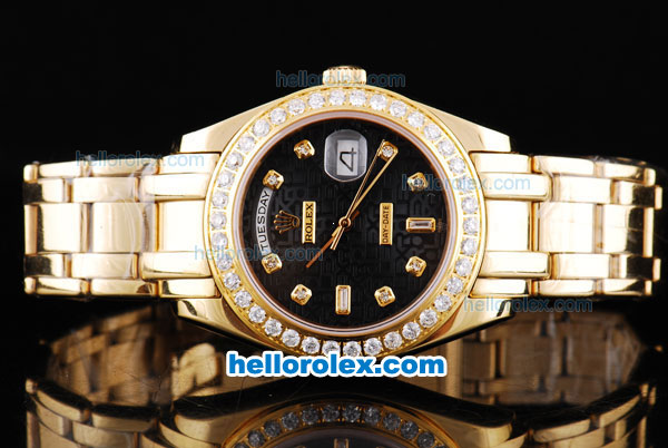 Rolex Day-Date Oyster Perpetual Chronometer Automatic Diamond Bezel with Full Gold Case and Strap- Black Dial with Rolex Logo-Diamond Marking - Click Image to Close